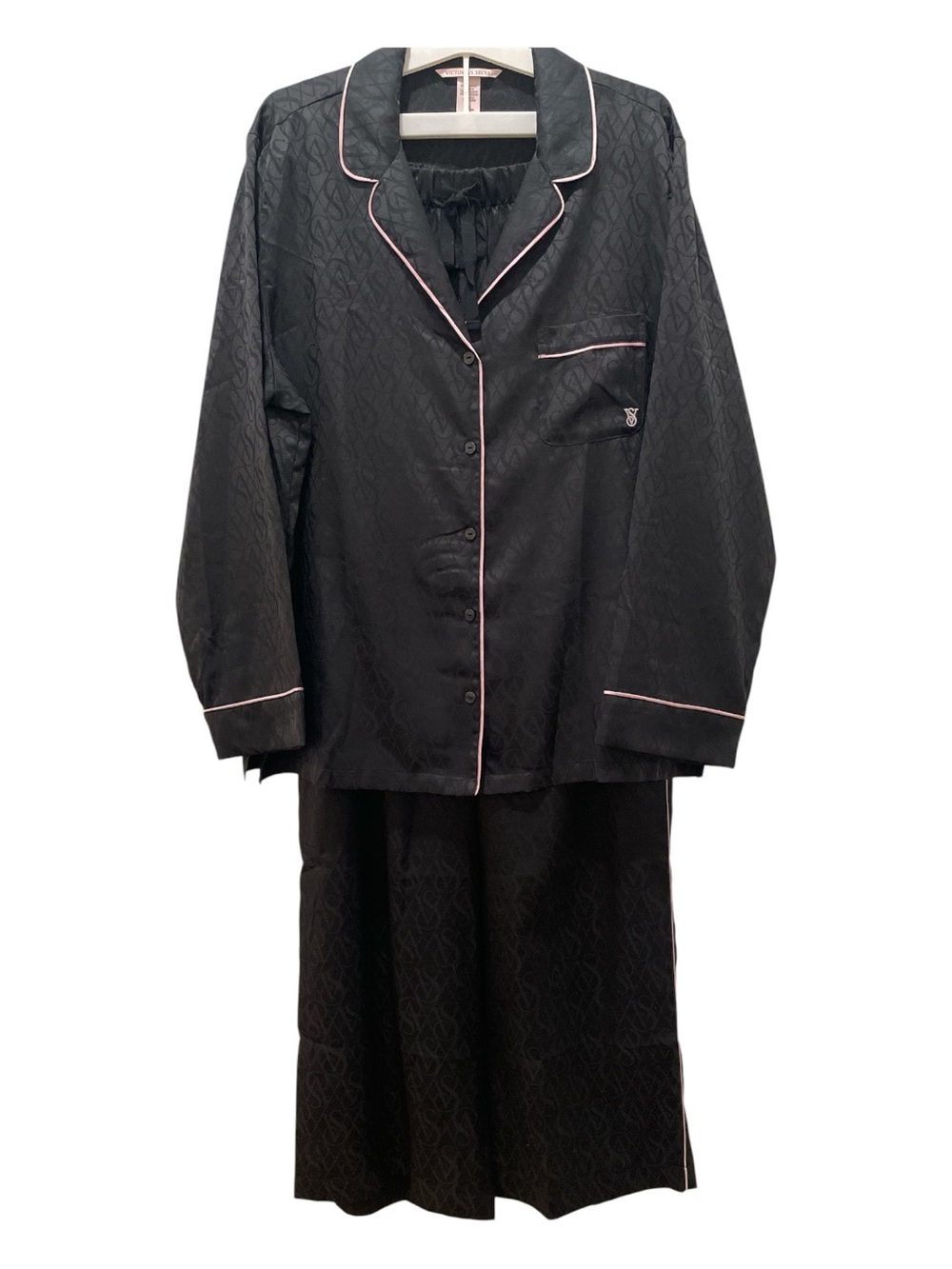 Victoria’s Secret Black Women's Two-Piece Pajama Set with Pink Trim - Medium